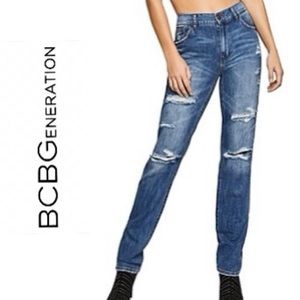 BCBGeneration Dark Destructed Lace Insets Straight Leg Jeans Size 27 NWT